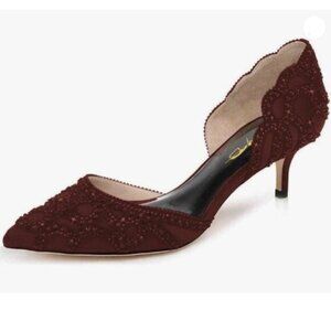 XYD Women's Elegant Pointed Toe D'Orsay Kitten Low Heels Rhinestone Studs Red